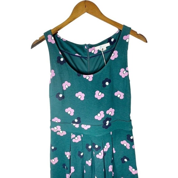 Boden Joanna Ponte Green Fit & Flare Pink Daisy Sleeveless Pleated Dress Sz 4R - Picture 5 of 11